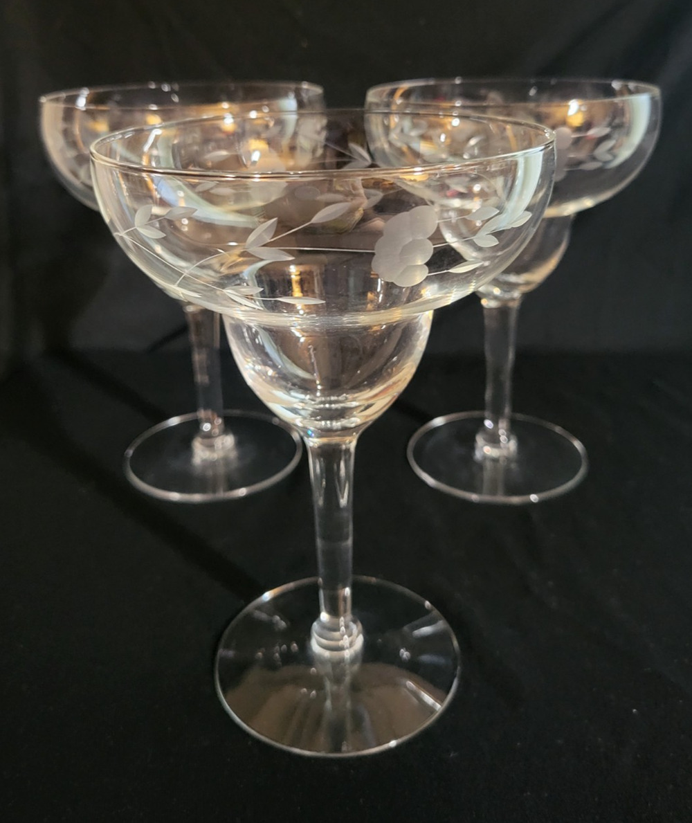 Set of 3 Vintage Princess House Heritage Etched Crystal Margarita Glasses